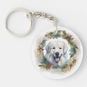 Great Pyrenees Christmas Wreath Festive Pup Keychain