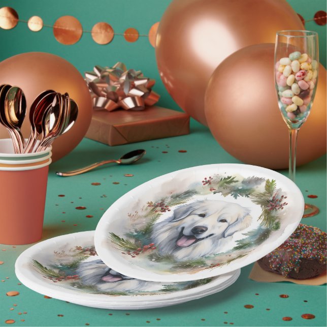 Great Pyrenees Christmas Wreath Festive Pup  Paper Plate (Multi)
