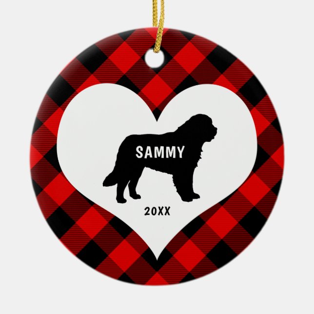 Great Pyrenees dog breed name + date Red Plaid Ceramic Ornament (Front)