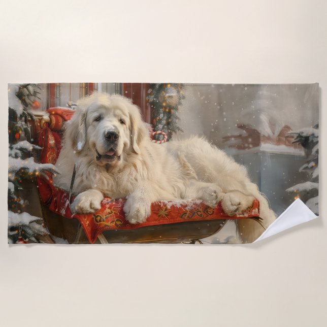 Great Pyrenees Dog Christmas Festive Beach Towel (Front)