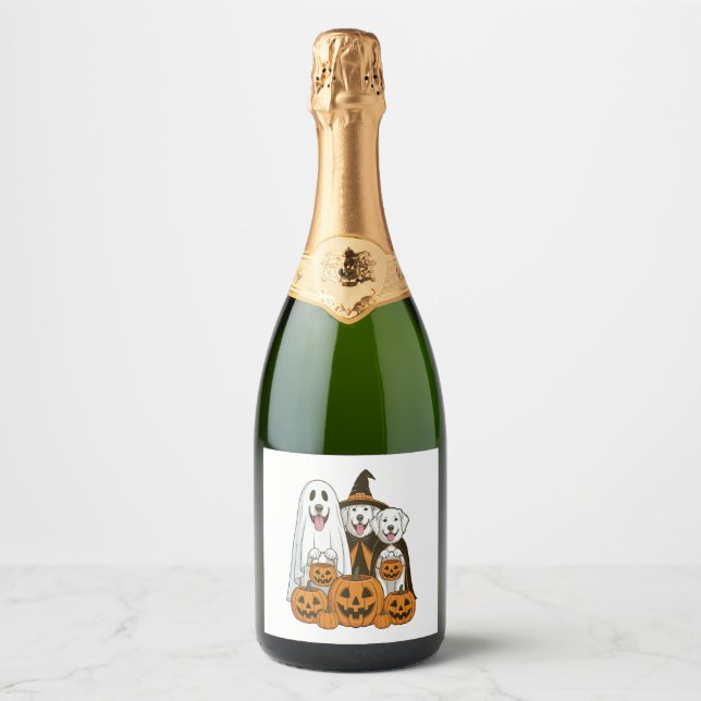 Great Pyrenees Dog Ghost Witch Halloween Matching  Sparkling Wine Label (Front)