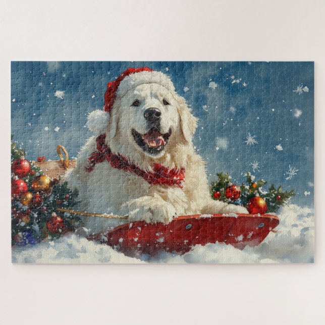 Great Pyrenees Dog in Sledge Let it Snow Christmas Jigsaw Puzzle (Horizontal)