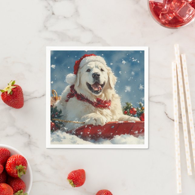 Great Pyrenees Dog in Sledge Let it Snow Christmas Napkin (Insitu)