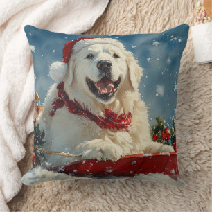 Great Pyrenees Dog in Sledge Let it Snow Christmas Throw Pillow