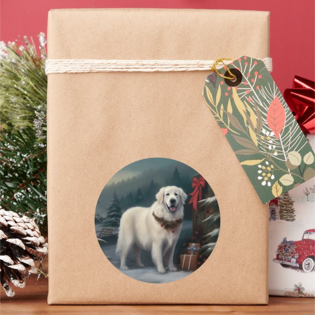 Great Pyrenees Dog in Snow Christmas Classic Round Sticker (Holiday)