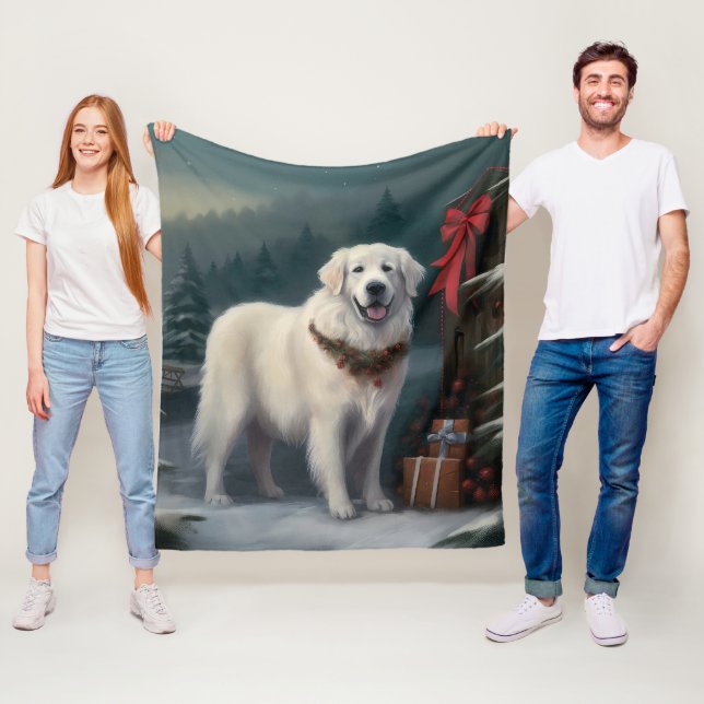 Great Pyrenees Dog in Snow Christmas Fleece Blanket (In Situ)