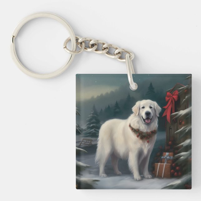 Great Pyrenees Dog in Snow Christmas Keychain (Front)
