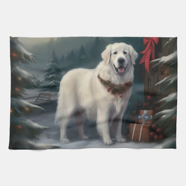 Great Pyrenees Dog in Snow Christmas Kitchen Towel (Horizontal)
