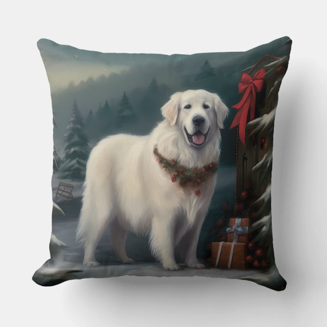 Great Pyrenees Dog in Snow Christmas Throw Pillow (Front)