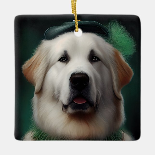 Great Pyrenees Dog in St. Patrick's Day Dress Ceramic Ornament (Front)