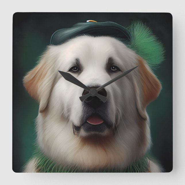 Great Pyrenees Dog in St. Patrick's Day Dress Square Wall Clock (Front)