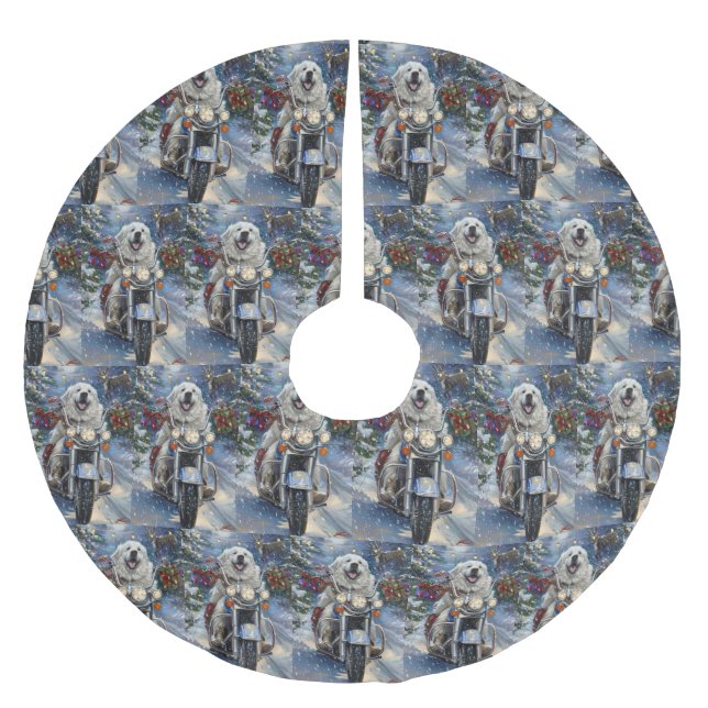 Great Pyrenees Dog Riding Motorcycle Christmas Brushed Polyester Tree Skirt (Front)