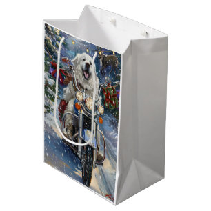 Great Pyrenees Dog Riding Motorcycle Christmas Medium Gift Bag