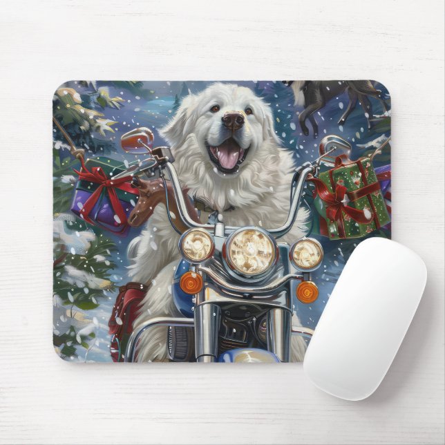 Great Pyrenees Dog Riding Motorcycle Christmas Mouse Pad (With Mouse)