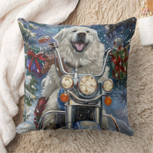 Great Pyrenees Dog Riding Motorcycle Christmas Throw Pillow