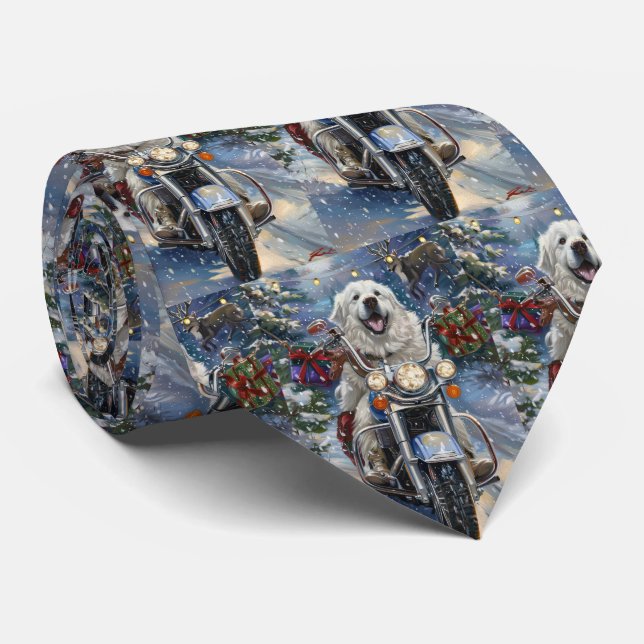 Great Pyrenees Dog Riding Motorcycle Christmas Tie (Rolled)
