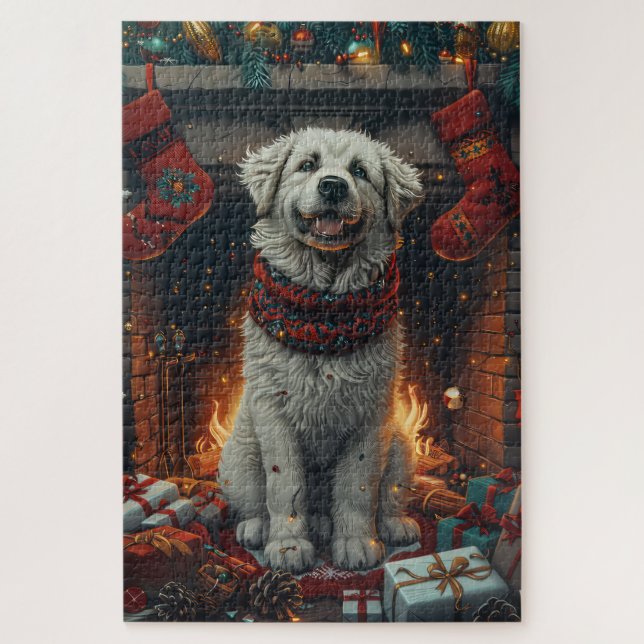 Great Pyrenees Dog With Christmas Gifts Fireplace Jigsaw Puzzle (Vertical)