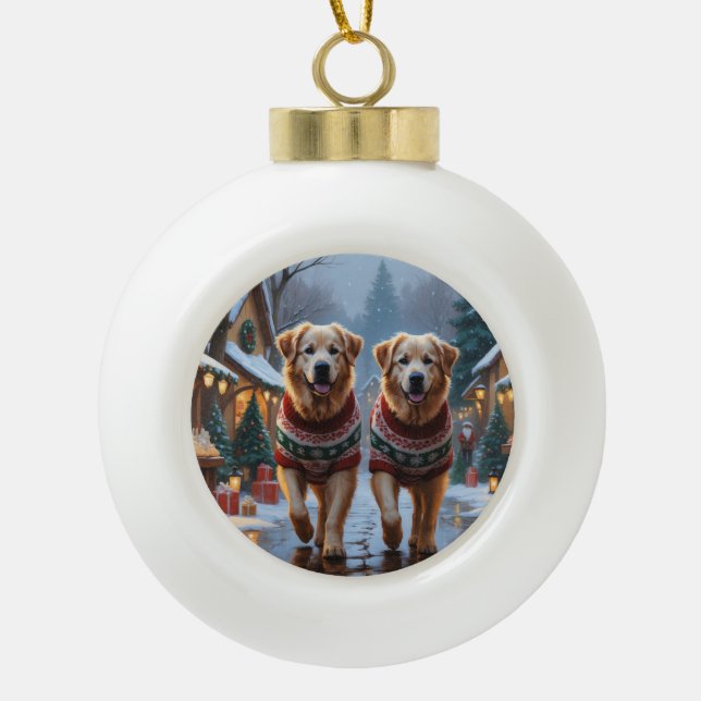 Great Pyrenees Dogs Christmas Snow Holiday  Ceramic Ball Christmas Ornament (Front)