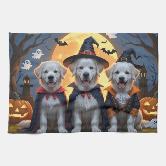 Great Pyrenees Dogs Pumpkin Halloween Funny  Kitchen Towel (Horizontal)
