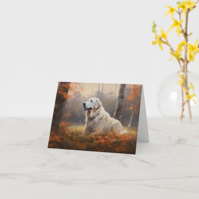 Great Pyrenees in Autumn Leaves Fall Inspire  Card (Yellow Flower)