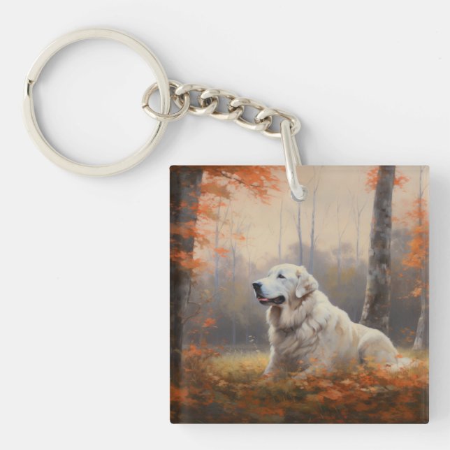 Great Pyrenees in Autumn Leaves Fall Inspire  Keychain (Front)