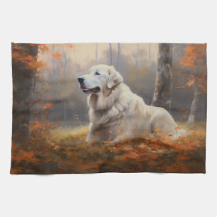 Great Pyrenees in Autumn Leaves Fall Inspire Kitchen Towel