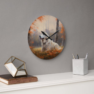 Great Pyrenees in Autumn Leaves Fall Inspire  Large Clock