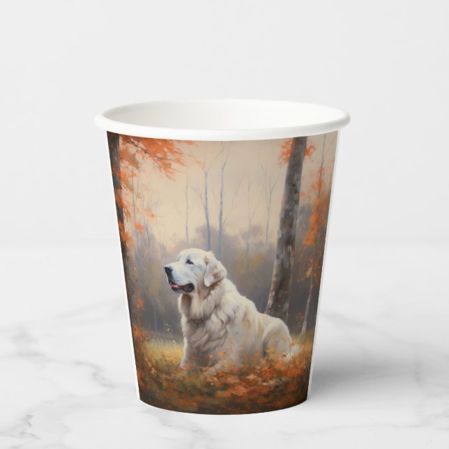 Great Pyrenees in Autumn Leaves Fall Inspire  Paper Cups (Front)