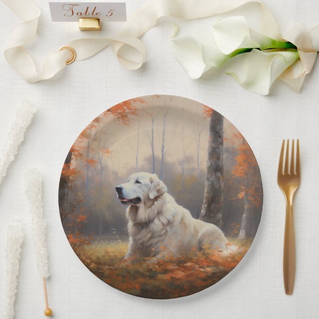 Great Pyrenees in Autumn Leaves Fall Inspire  Paper Plate (Wedding)