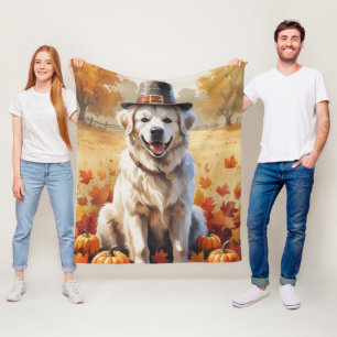 Great Pyrenees In Autumn Leaves Thanksgiving Art Fleece Blanket