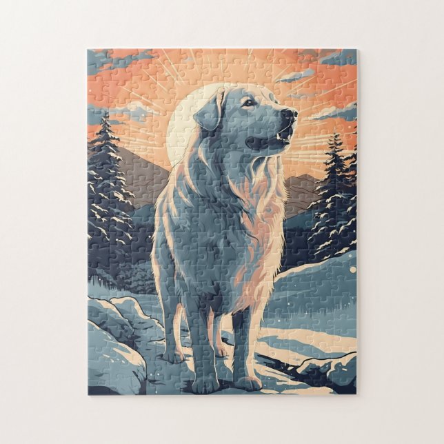 Great pyrenees in the snowy forest during sunset jigsaw puzzle (Vertical)
