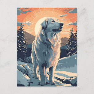 Great pyrenees in the snowy forest during sunset postcard
