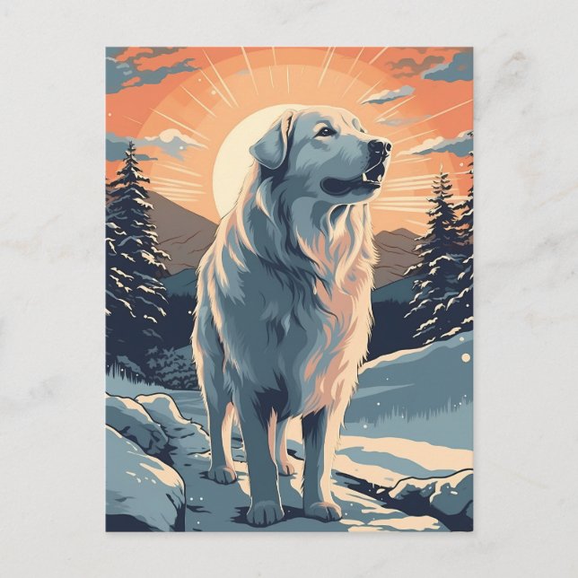 Great pyrenees in the snowy forest during sunset postcard (Front)