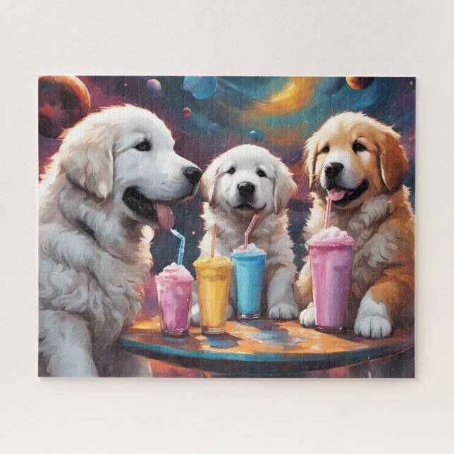 Great Pyrenees Mom and Puppies with Milkshakes Jigsaw Puzzle (Horizontal)