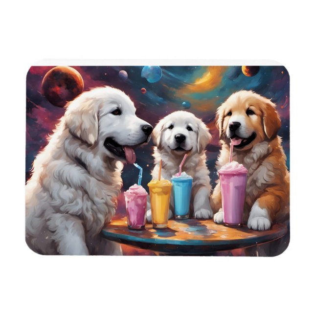 Great Pyrenees Mom and Puppies with Milkshakes Magnet (Horizontal)