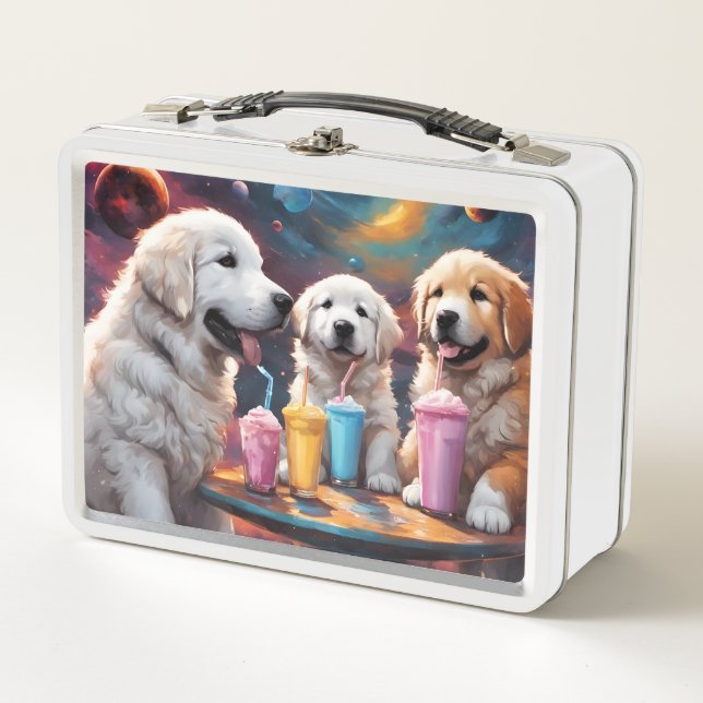 Great Pyrenees Mom and Puppies with Milkshakes Metal Lunch Box (Front)