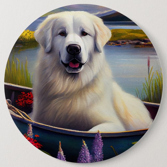 Great Pyrenees on a Paddle: A Scenic Adventure 6 Inch Round Button (Front)