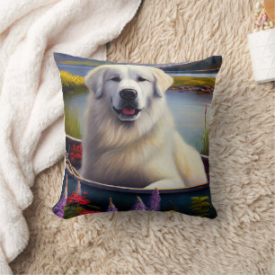 Great Pyrenees on a Paddle: A Scenic Adventure Throw Pillow