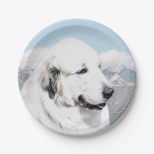 Great Pyrenees Painting - Original Dog Art Paper Plate (Front)