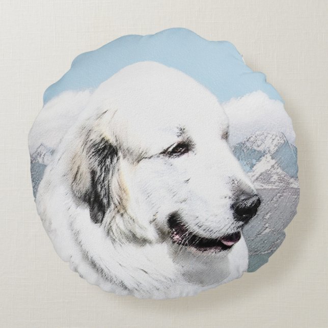 Great Pyrenees Painting - Original Dog Art Round Pillow (Back)