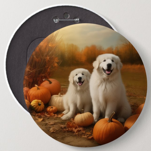 Great Pyrenees Puppy Autumn Delight Pumpkin  6 Inch Round Button (Front & Back)