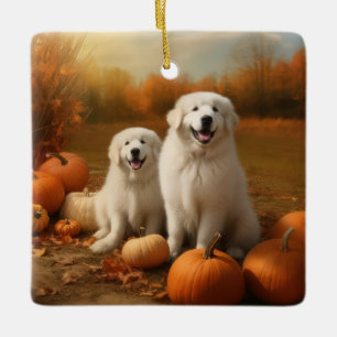 Great Pyrenees Puppy Autumn Delight Pumpkin  Ceramic Ornament