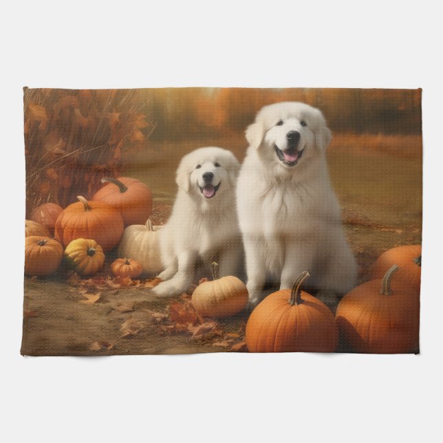 Great Pyrenees Puppy Autumn Delight Pumpkin  Kitchen Towel (Horizontal)