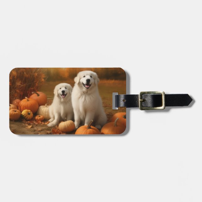Great Pyrenees Puppy Autumn Delight Pumpkin  Luggage Tag (Front Horizontal)
