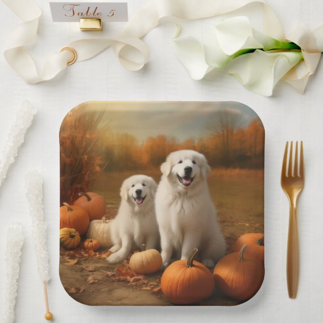 Great Pyrenees Puppy Autumn Delight Pumpkin  Paper Plate (Wedding)