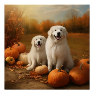 Great Pyrenees Puppy Autumn Delight Pumpkin  Poster