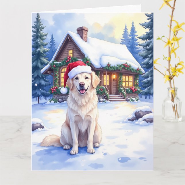 Great Pyrenees Snowy Mountain Lodge Santa Hat Card (Yellow Flower)