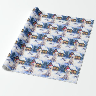 Great Pyrenees Snowy Mountain Lodge Santa Hat Wrapping Paper