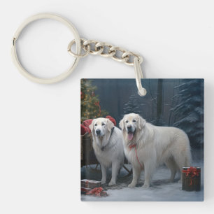 Great Pyrenees Snowy Sleigh Christmas Decor Keychain