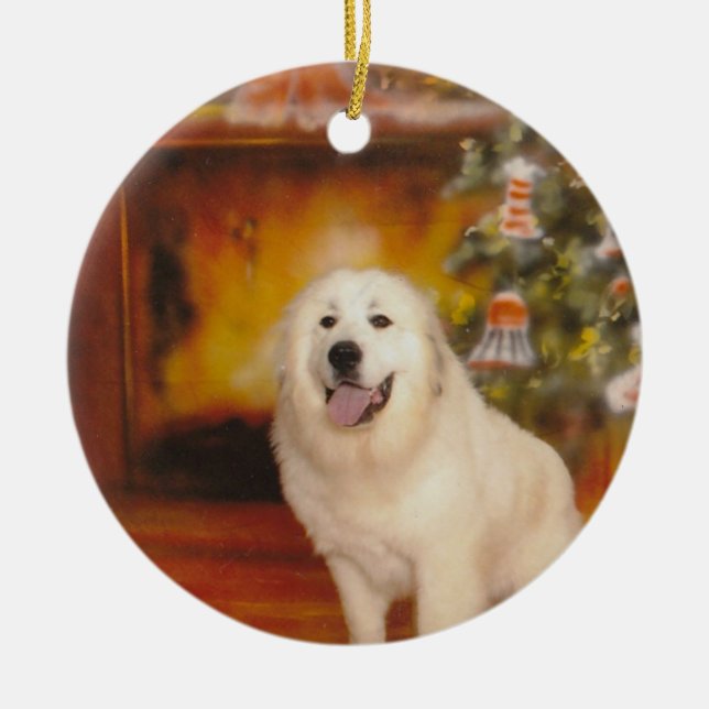 Great Pyrenees waiting on Santa Ceramic Ornament (Front)